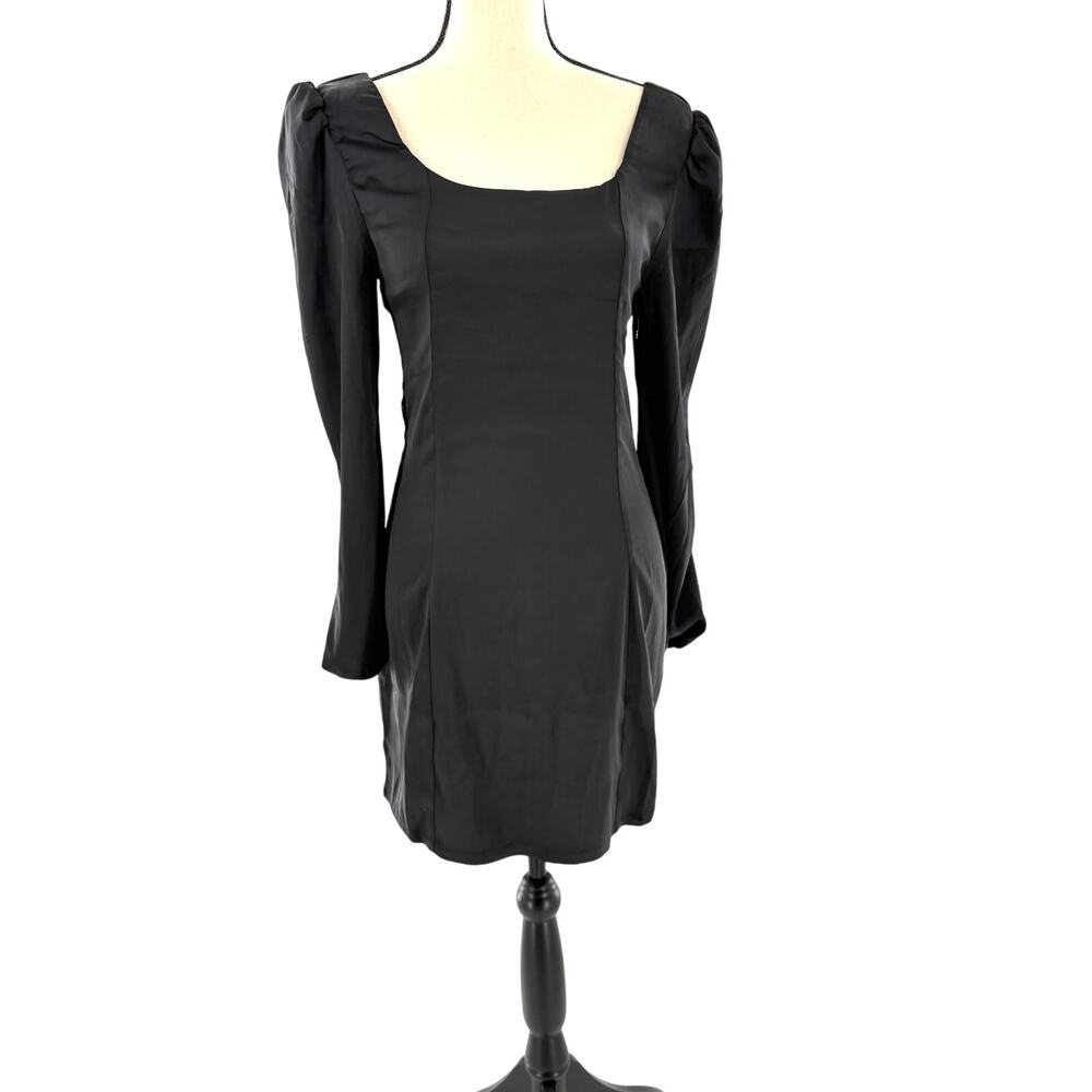 Steve Madden Puff Sleeve Dress XS NWOT Black Satin Sheath Square Neck